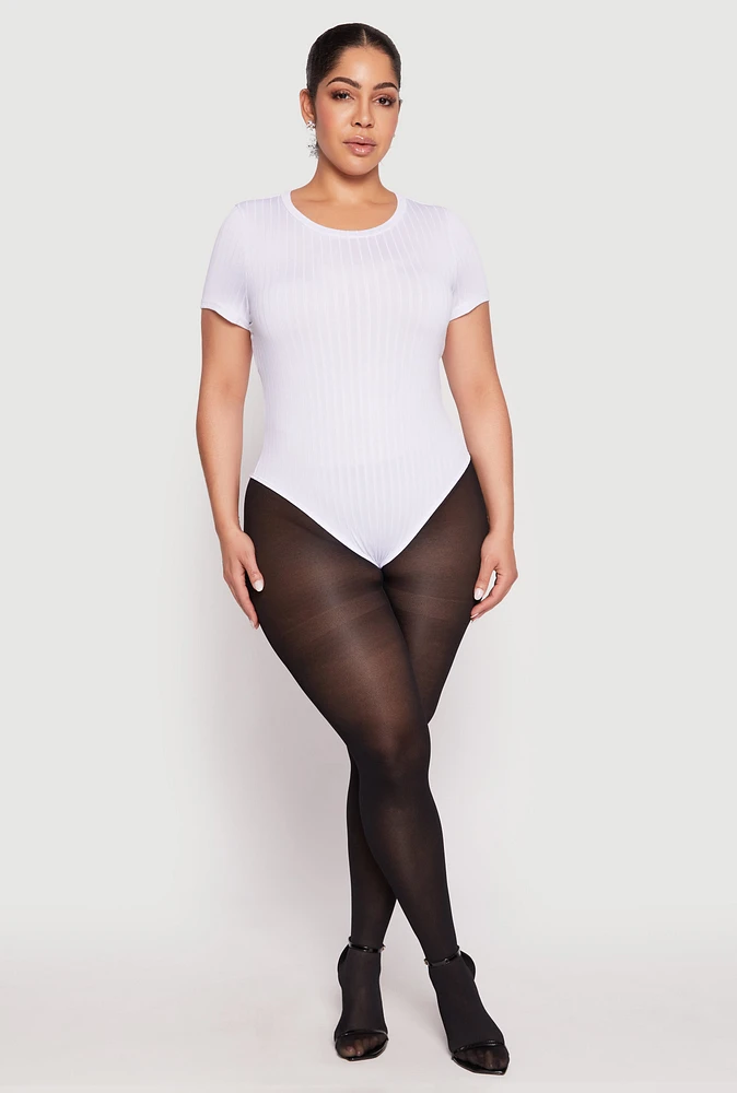 Womens Plus Size Daisy Crew Neck Rib Knit Bodysuit, White, Size 3X