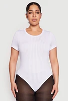 Womens Plus Size Daisy Crew Neck Rib Knit Bodysuit, White, Size 3X