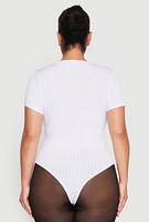 Womens Plus Size Daisy Crew Neck Rib Knit Bodysuit, White, Size 3X