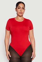 Womens Plus Size Daisy Crew Neck Rib Knit Bodysuit, Red, Size 3X