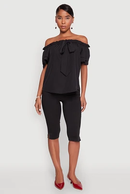 Womens Tiered Sleeve Tie Front Off the Shoulder Top,