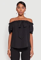 Womens Tiered Sleeve Tie Front Off the Shoulder Top, Black, Size L
