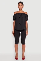 Womens Tiered Sleeve Tie Front Off the Shoulder Top, Black, Size L