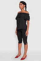 Womens Tiered Sleeve Tie Front Off the Shoulder Top, Black, Size L