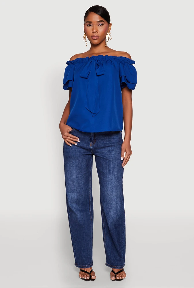 Womens Tiered Sleeve Tie Front Off the Shoulder Top,
