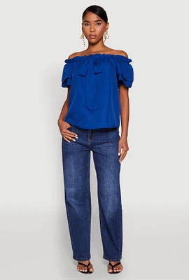 Womens Tiered Sleeve Tie Front Off the Shoulder Top,