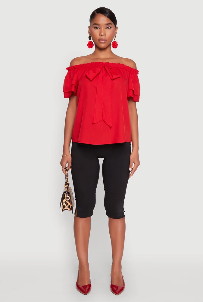 Womens Tiered Sleeve Tie Front Off the Shoulder Top, Red, Size S