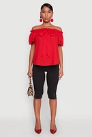 Womens Tiered Sleeve Tie Front Off the Shoulder Top, Red, Size S