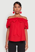 Womens Tiered Sleeve Tie Front Off the Shoulder Top, Red, Size S