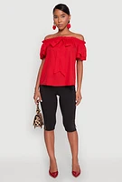 Womens Tiered Sleeve Tie Front Off the Shoulder Top, Red, Size S