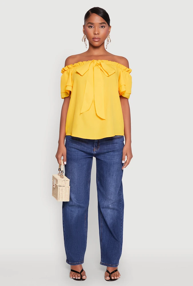 Womens Tiered Sleeve Tie Front Off the Shoulder Top, Yellow, Size M