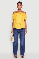 Womens Tiered Sleeve Tie Front Off the Shoulder Top, Yellow, Size M