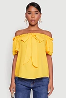 Womens Tiered Sleeve Tie Front Off the Shoulder Top, Yellow, Size M