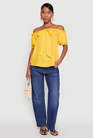 Womens Tiered Sleeve Tie Front Off the Shoulder Top, Yellow, Size M