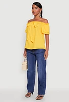 Womens Tiered Sleeve Tie Front Off the Shoulder Top, Yellow, Size M