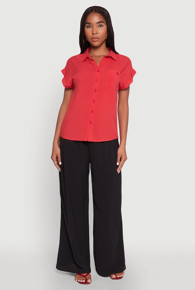 Womens Fixed Cuff Short Sleeve Shirt, Red,