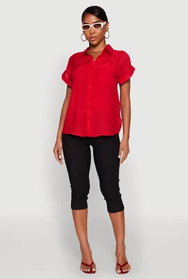 Womens Fixed Cuff Button Front Shirt, Red, Size L