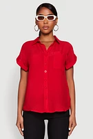 Womens Fixed Cuff Button Front Shirt, Red, Size L