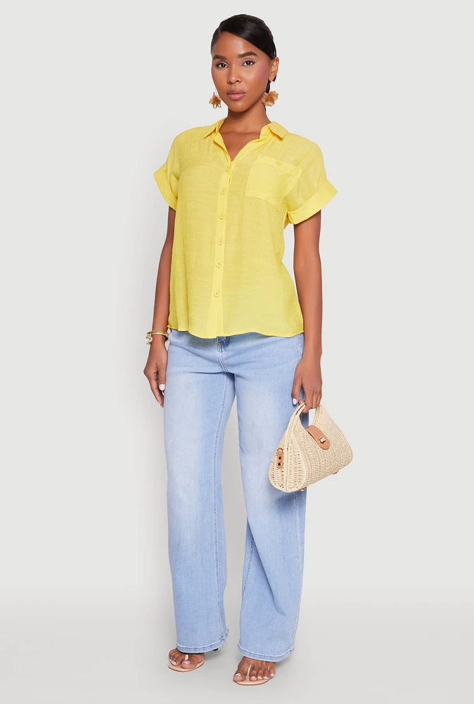 Womens Fixed Cuff Button Front Shirt, Yellow, Size M