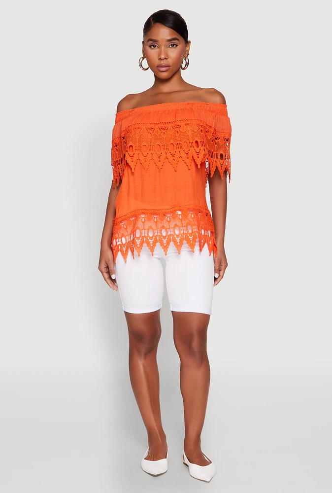 Womens Lace Trim Off the Shoulder Blouse, Orange, Size S