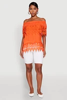 Womens Lace Trim Off the Shoulder Blouse, Orange, Size S