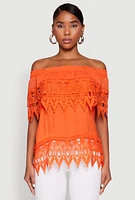 Womens Lace Trim Off the Shoulder Blouse, Orange, Size S
