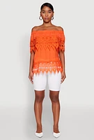 Womens Lace Trim Off the Shoulder Blouse, Orange, Size S