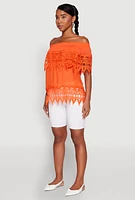 Womens Lace Trim Off the Shoulder Blouse, Orange, Size S