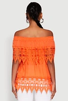Womens Lace Trim Off the Shoulder Blouse, Orange, Size S