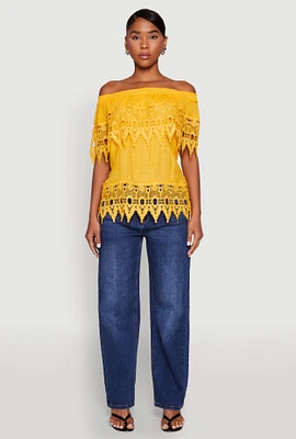 Womens Lace Trim Off the Shoulder Blouse, Yellow, Size L