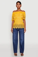 Womens Lace Trim Off the Shoulder Blouse, Yellow, Size L