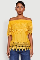 Womens Lace Trim Off the Shoulder Blouse, Yellow, Size L
