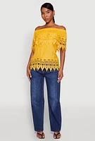 Womens Lace Trim Off the Shoulder Blouse, Yellow, Size L