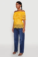Womens Lace Trim Off the Shoulder Blouse, Yellow, Size L