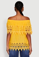 Womens Lace Trim Off the Shoulder Blouse, Yellow, Size L