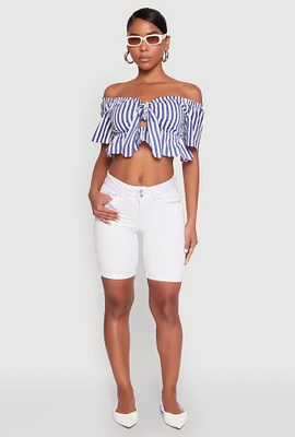 Womens Striped Off the Shoulder Tie Front Crop Top, Blue,