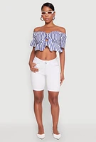 Womens Striped Off the Shoulder Tie Front Crop Top, Blue,