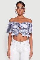 Womens Striped Off the Shoulder Tie Front Crop Top, Blue,