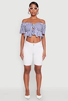Womens Striped Off the Shoulder Tie Front Crop Top, Blue,