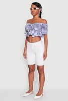 Womens Striped Off the Shoulder Tie Front Crop Top, Blue,