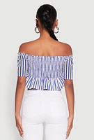 Womens Striped Off the Shoulder Tie Front Crop Top, Blue,