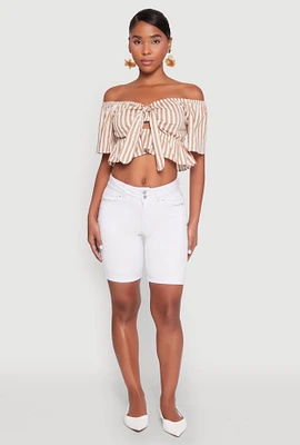 Womens Striped Off the Shoulder Tie Front Crop Top,
