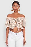Womens Striped Off the Shoulder Tie Front Crop Top,