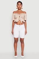 Womens Striped Off the Shoulder Tie Front Crop Top,