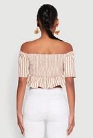Womens Striped Off the Shoulder Tie Front Crop Top, M
