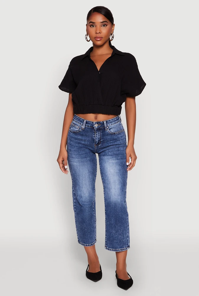Womens Faux Wrap Cropped Elastic Hem Blouse,