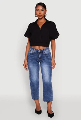 Womens Faux Wrap Cropped Elastic Hem Blouse,