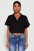 Womens Faux Wrap Cropped Elastic Hem Blouse,