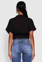 Womens Faux Wrap Cropped Elastic Hem Blouse,