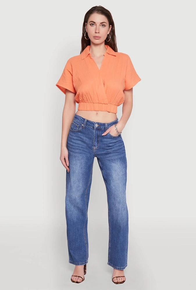 Womens Faux Wrap Cropped Elastic Hem Blouse, M